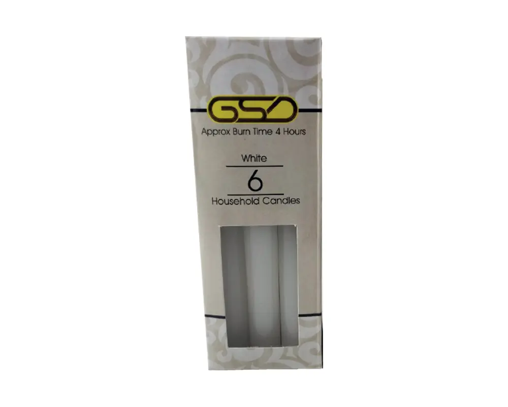 GSD HOUSEHOLD CANDLES WHITE 6″ – 6PK