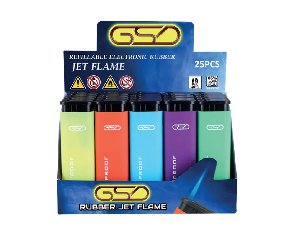 GSD LIGHTERS WINDPROOF JET FLAME SOFT TOUCH RUBBER – 25PK